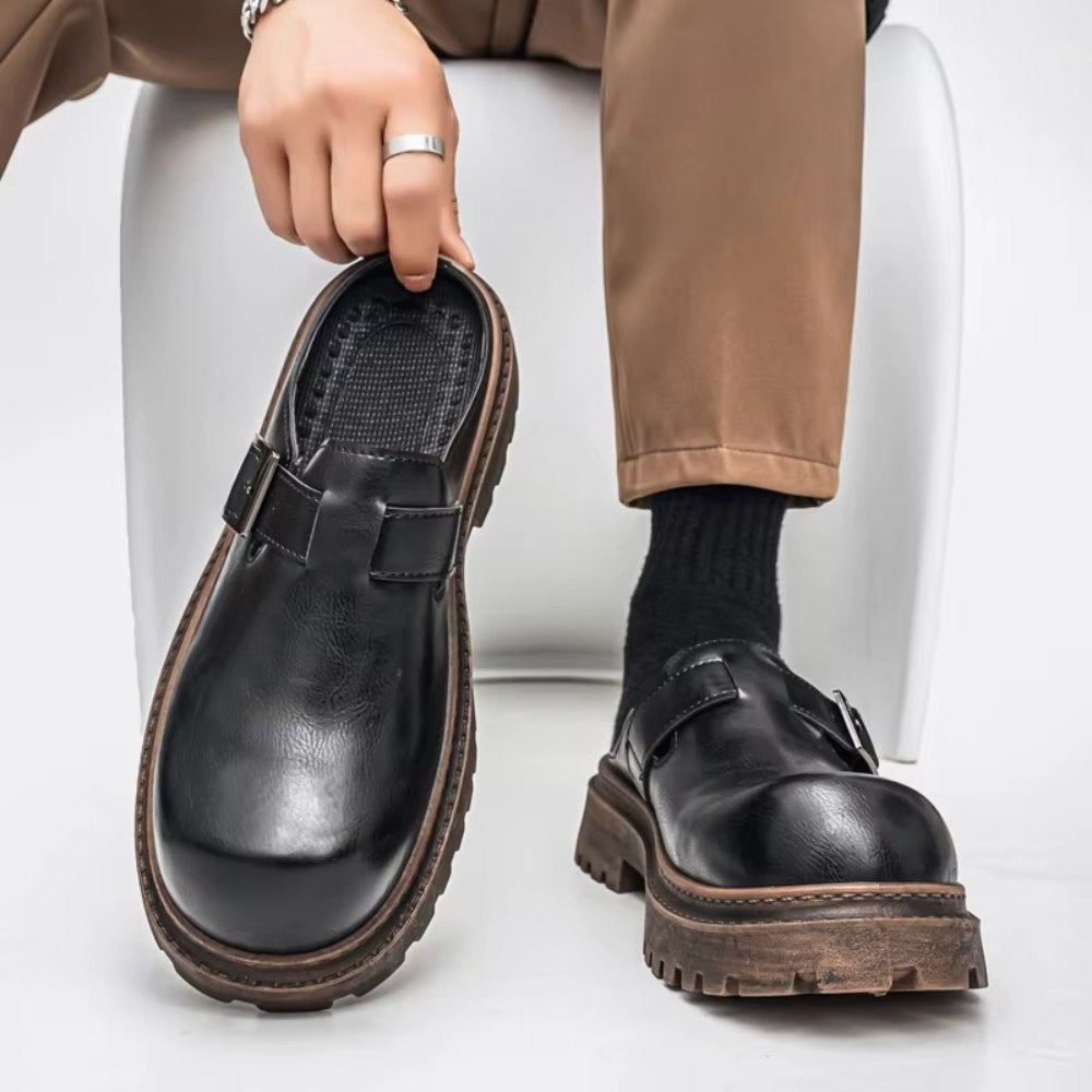 Black Backless Leather Buckle Loafers with Lug Sole