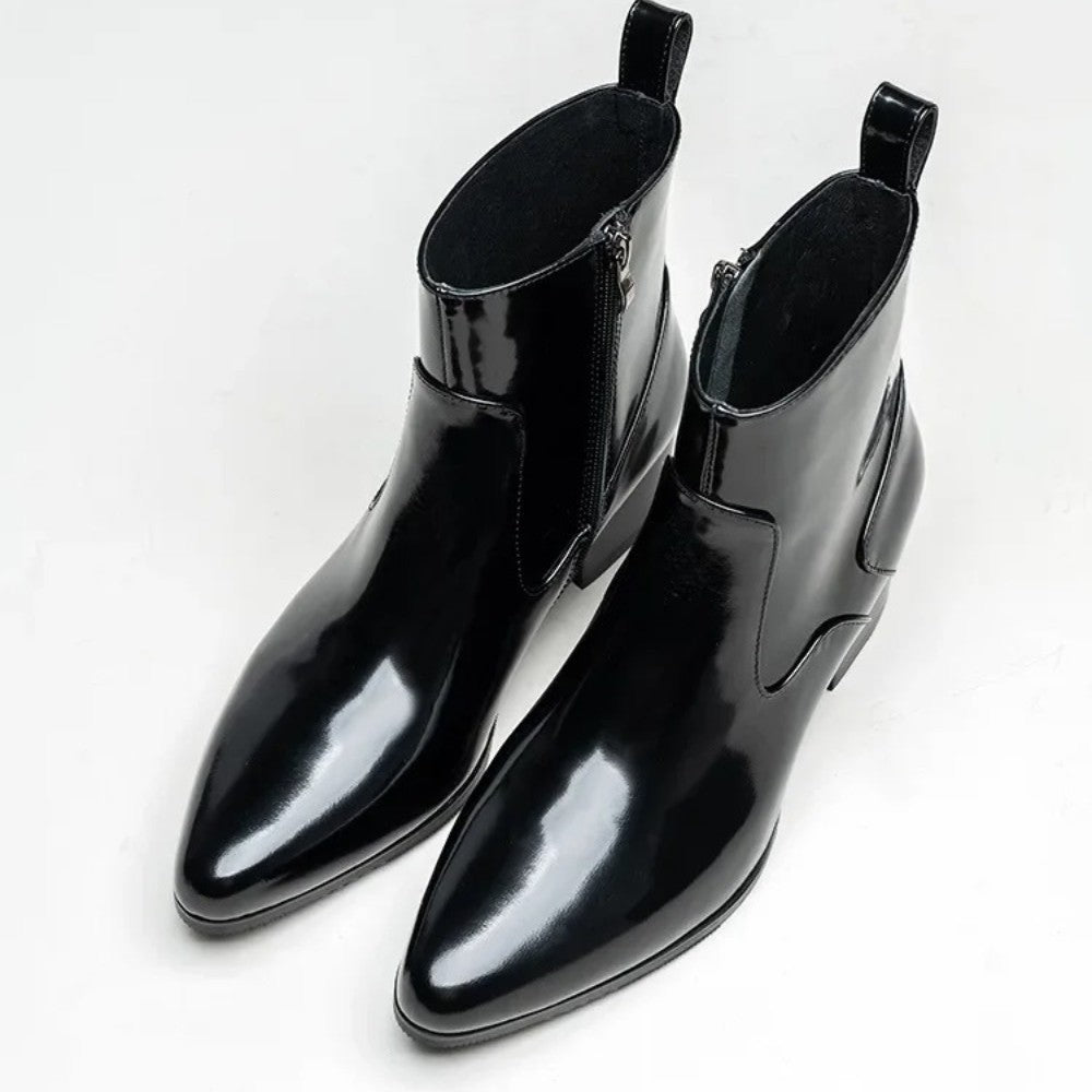 Black Patent Pointed Toe Heeled Chelsea Ankle Boots