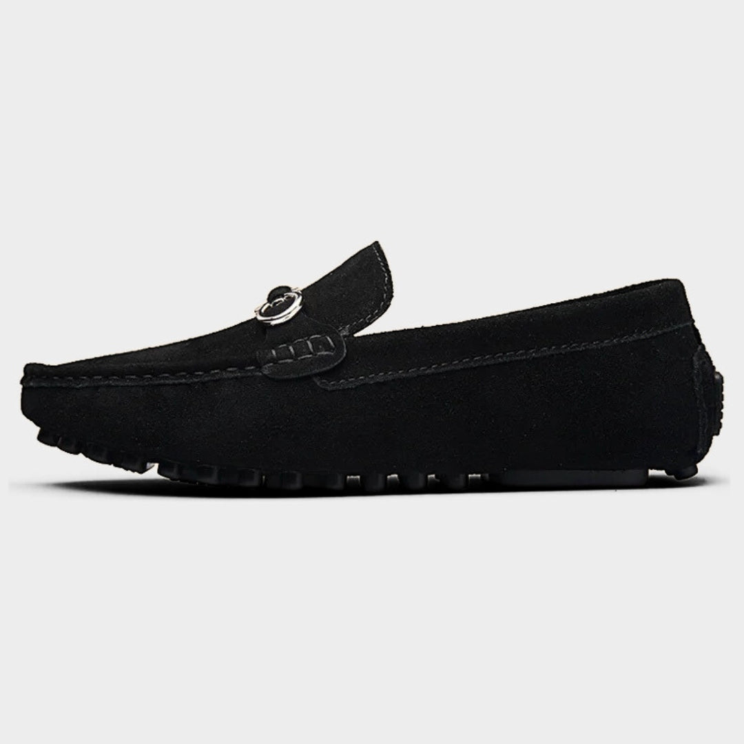 Suede Driving Loafers with Metallic Horsebit Buckle