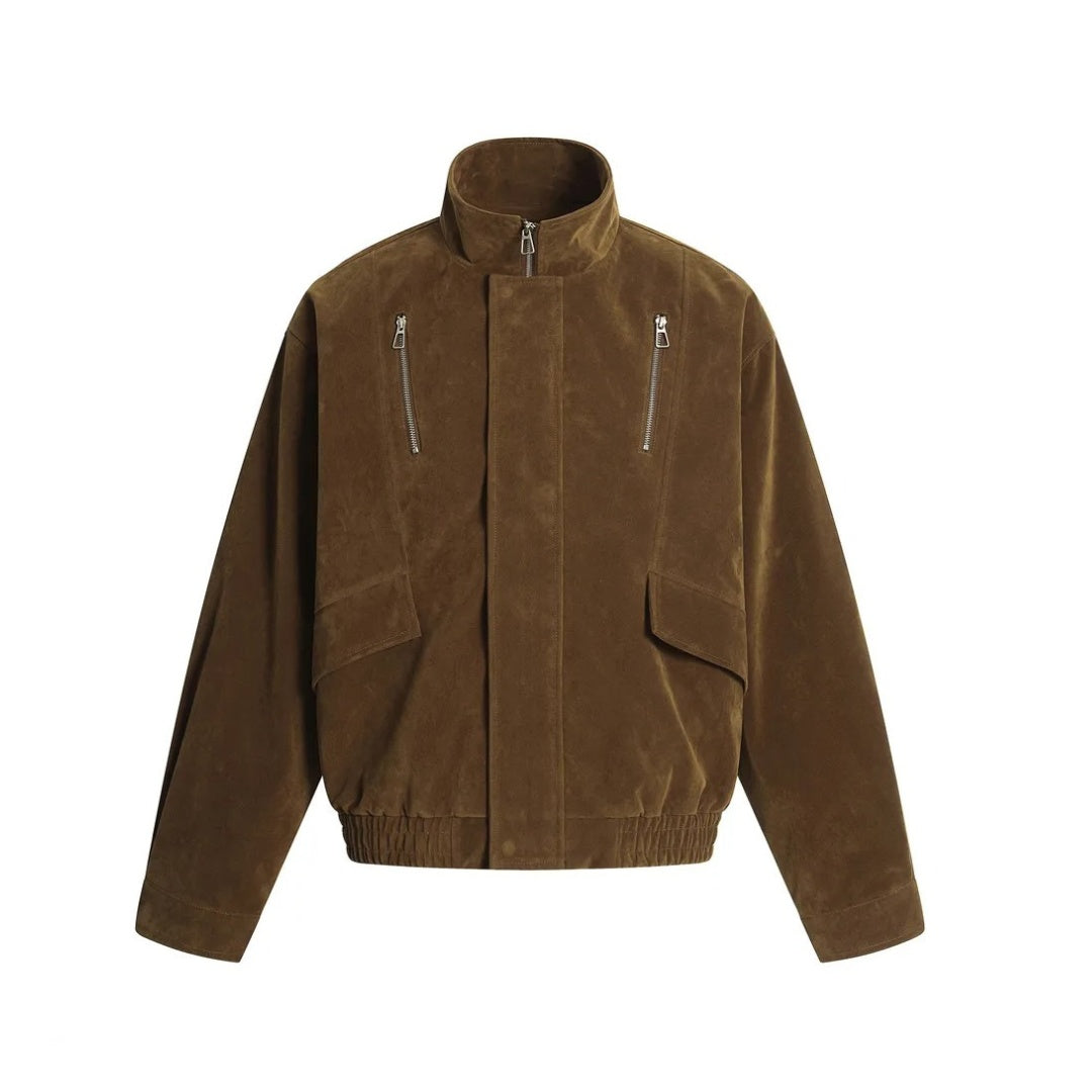 Suede Zip Pocket Cargo Jacket With Stand Collar