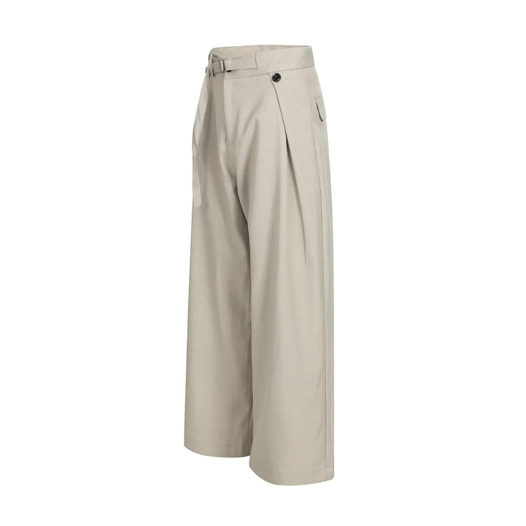 Beige Pleated Wide-Leg Trousers With Integrated Belt