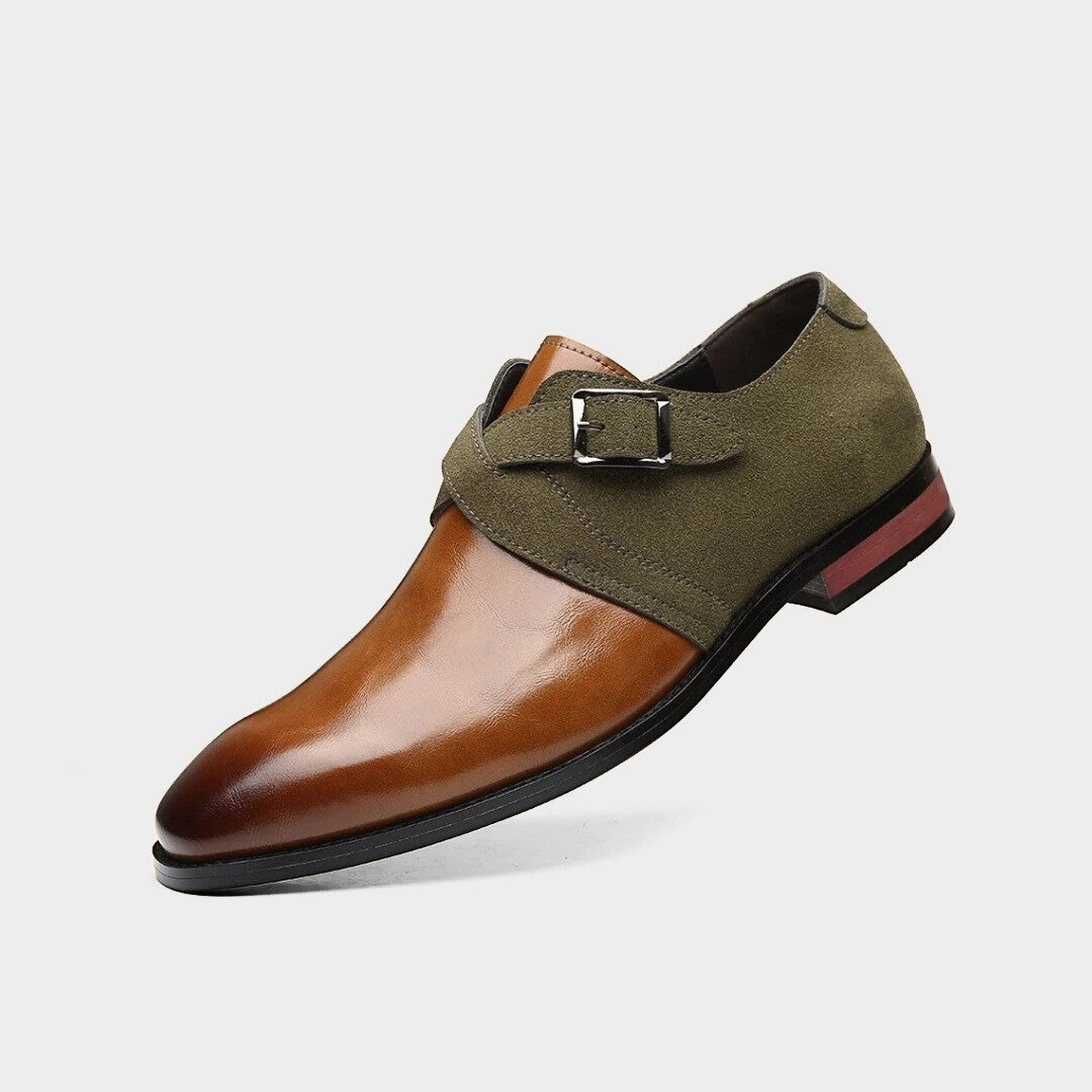 Two-Tone Suede Buckle Dress Shoes with Low Block Heel