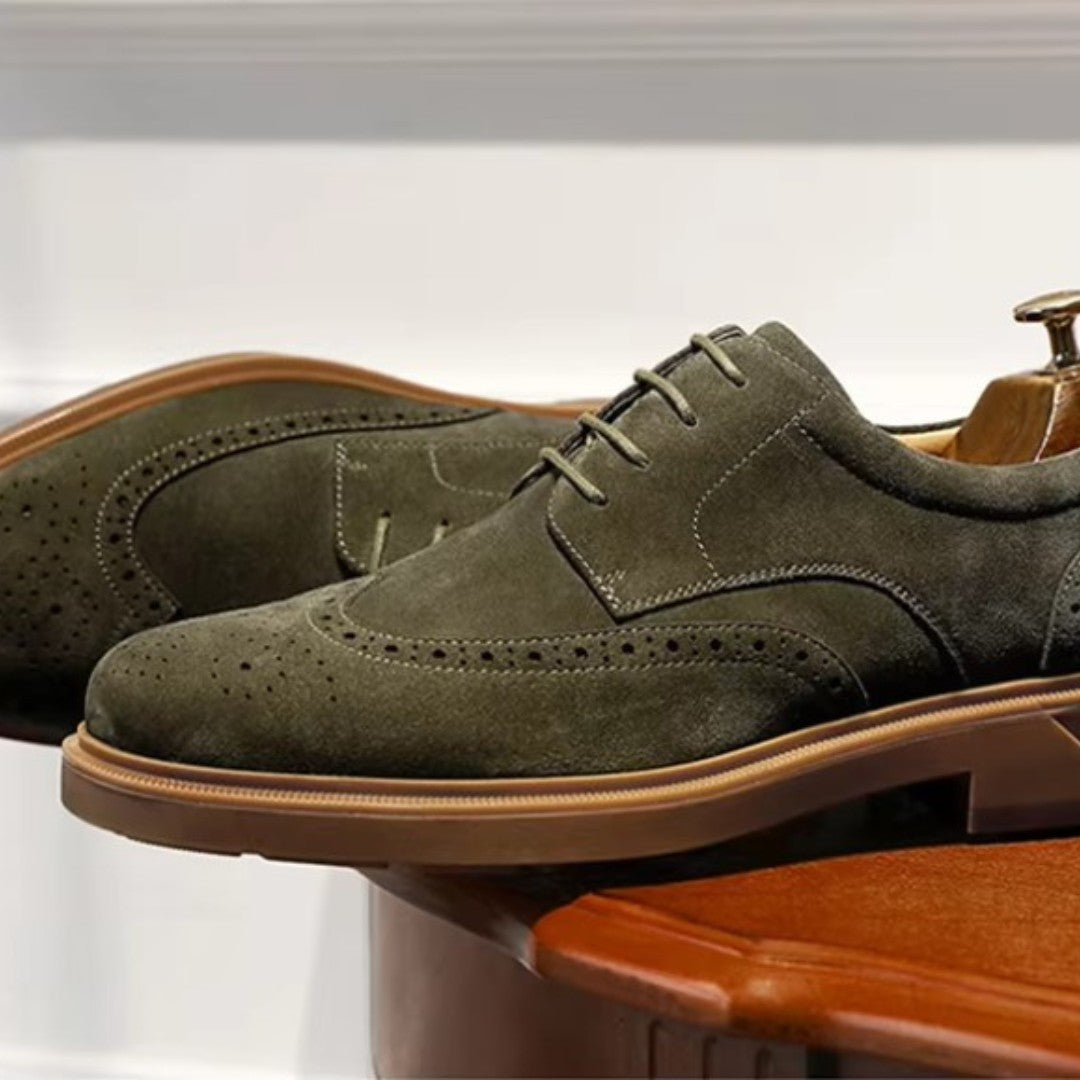 Brogue Suede Leather Derby Dress Shoes With Raised Sole and Block Heel