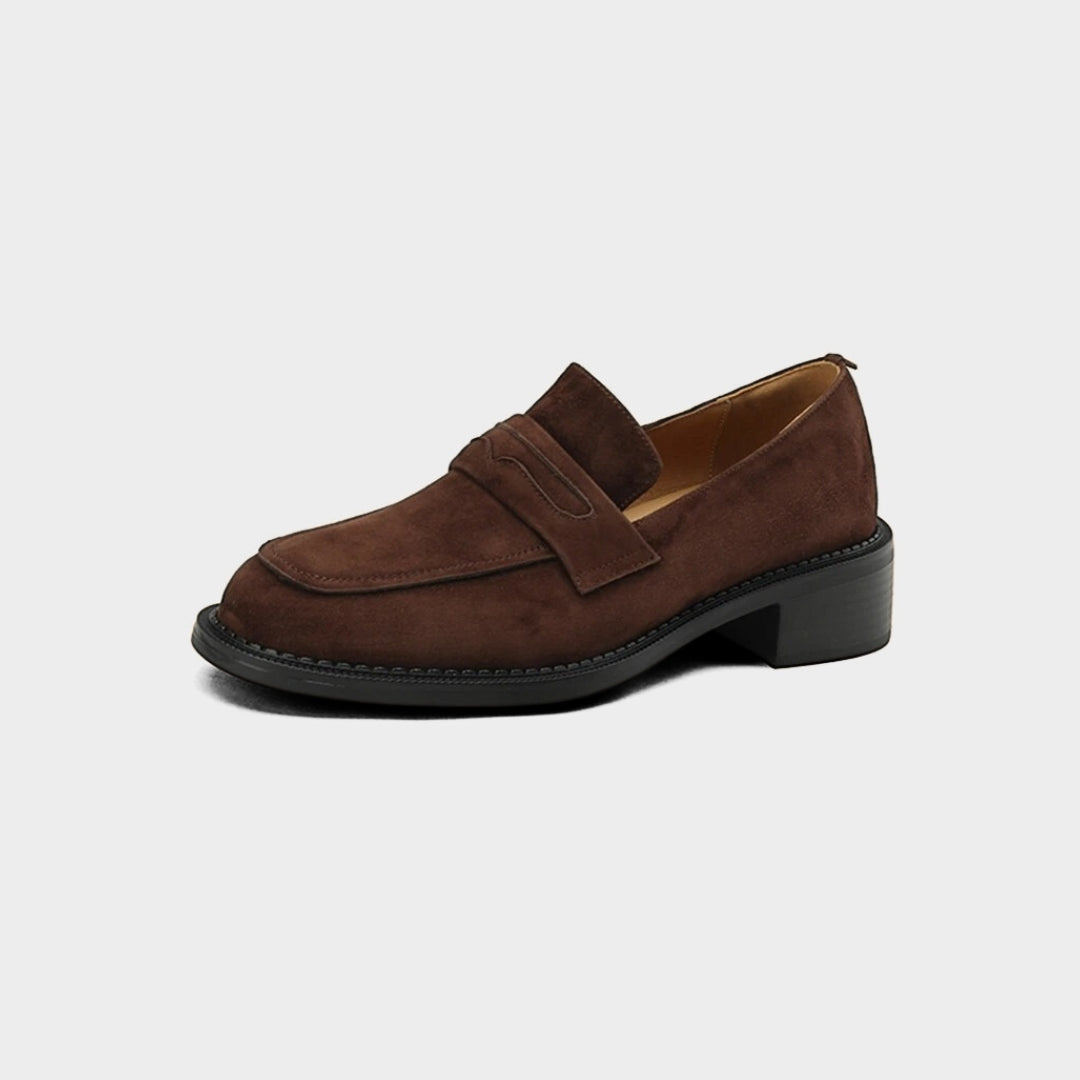 Leather Suede Penny Loafer Pumps with Low Block Heel