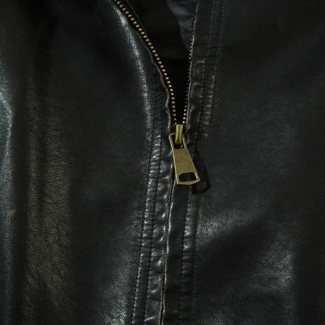 Black Distressed Leather Jacket With Zip-Up Pockets