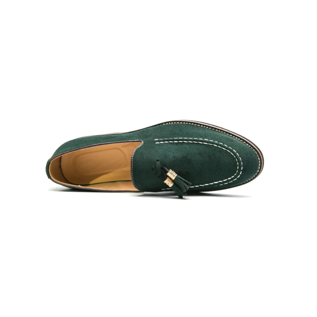 Contrast Stitch Suede Loafers with Metallic Gold-Tone Tassels and Low Block Heel