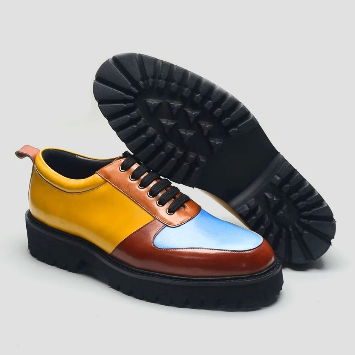 Bold Multitone Derby Shoes in Yellow, Brown & Blue Leather