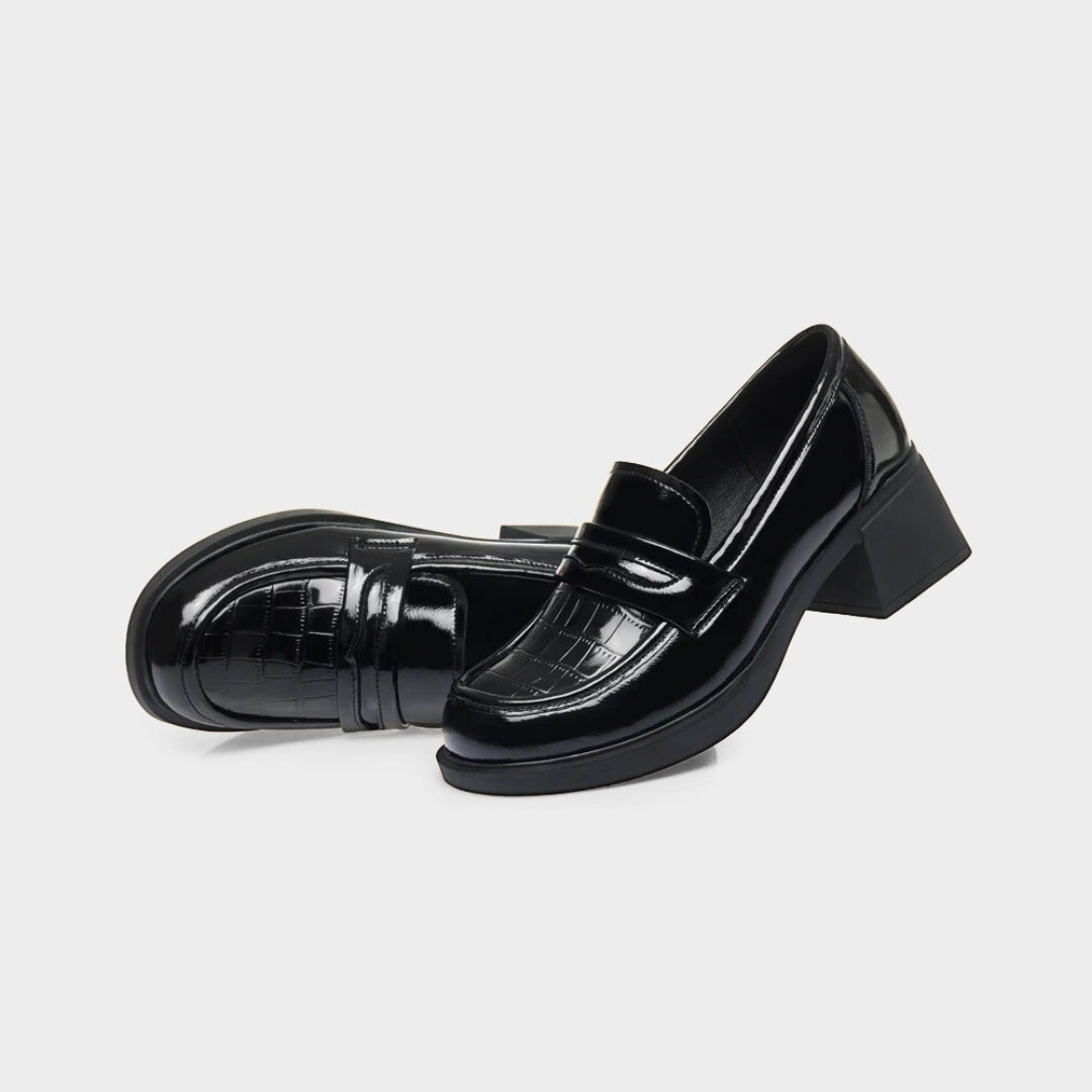 Black Gloss Leather Platform Penny Loafer Pumps
