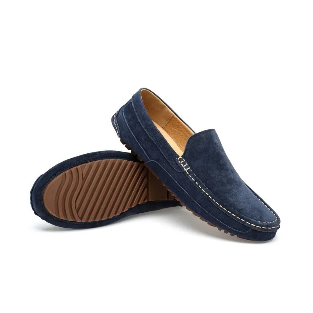 Cow Suede Driving Loafers with Cushioned Grip Sole and Contrast Stitching