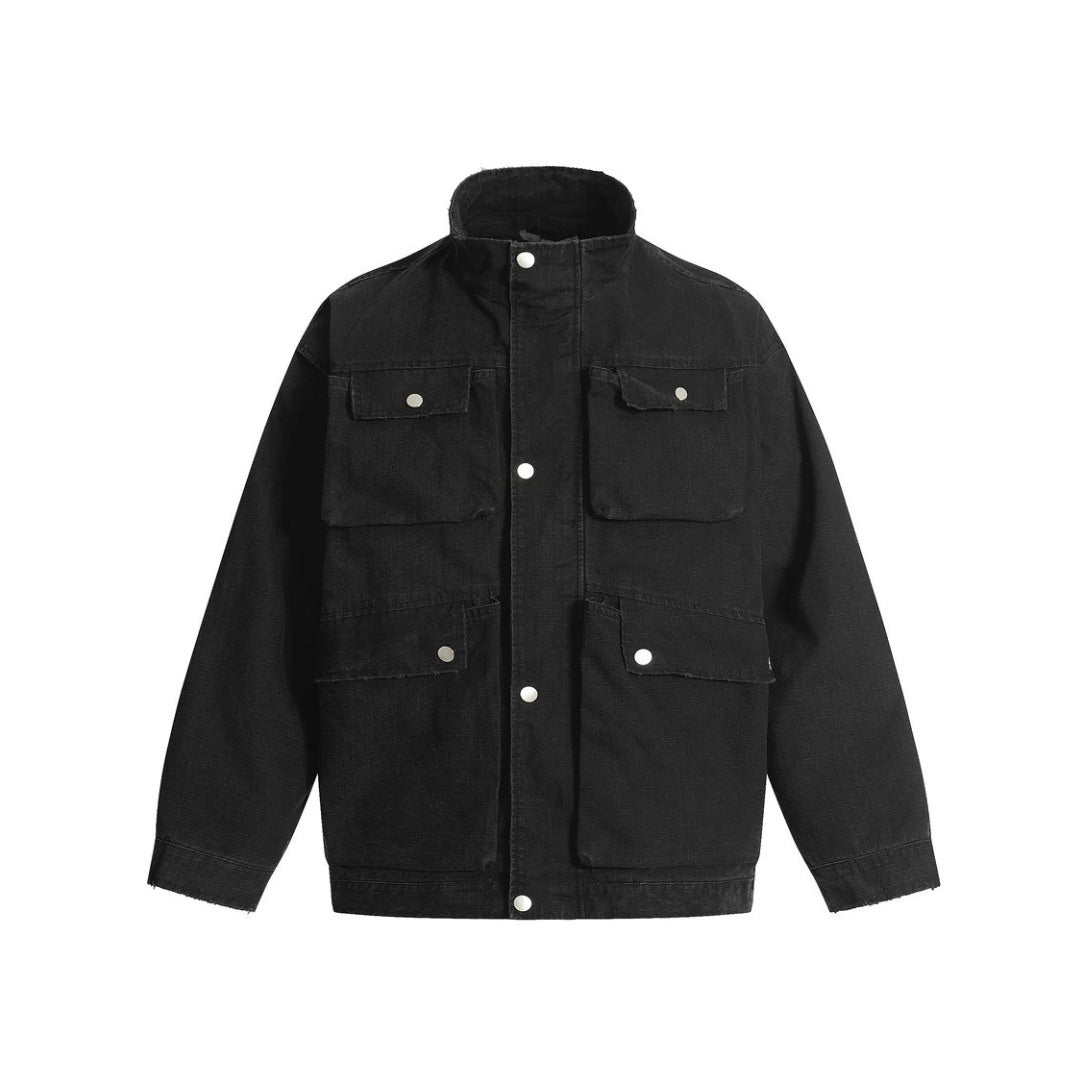 Distressed Oversized Cargo Jacket with Stand Collar