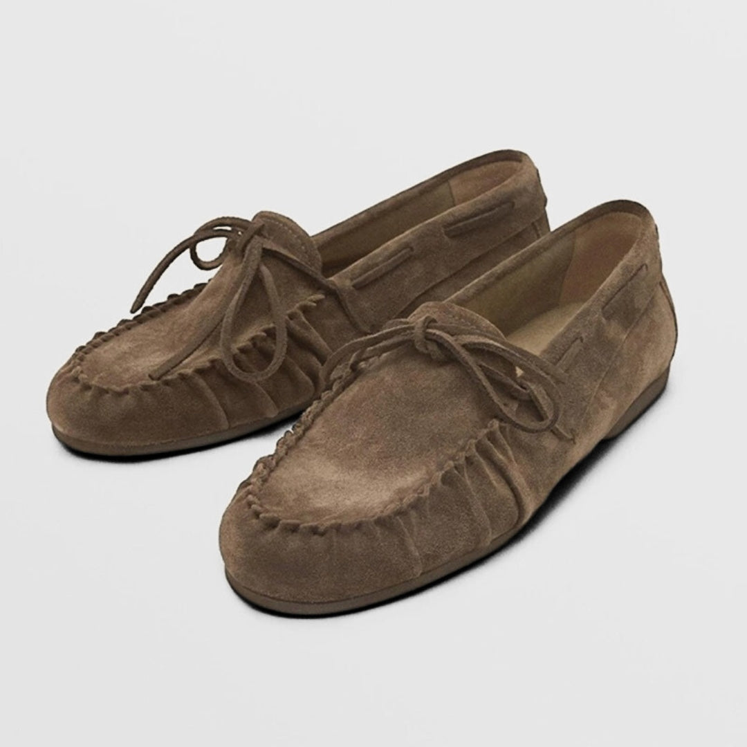 Brown Suede Leather Font-Lace Boat Loafers