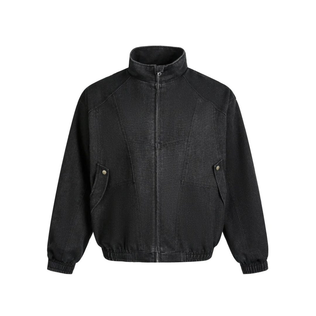 Washed Denim Stand Collar Jacket with Panel Detailing