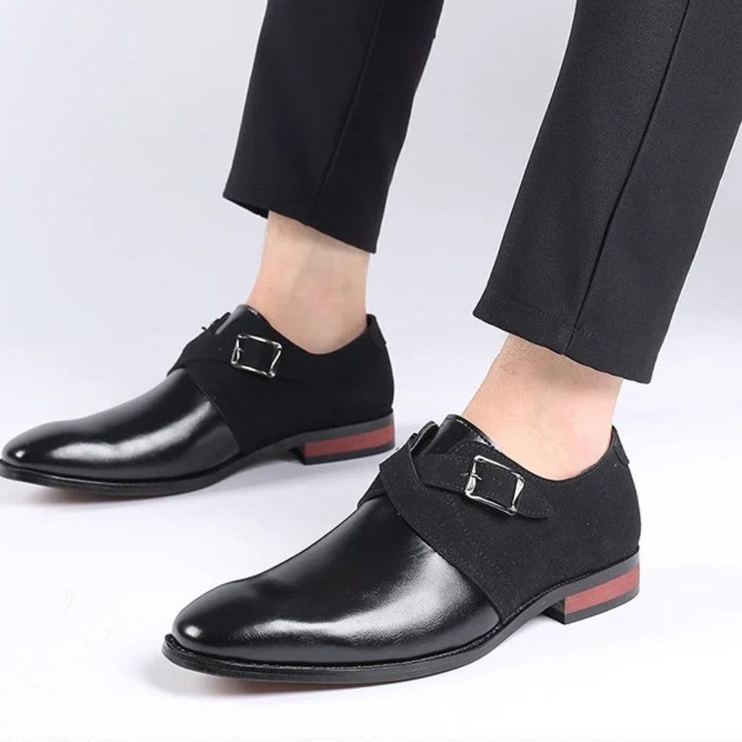 Two-Tone Suede Buckle Dress Shoes with Low Block Heel