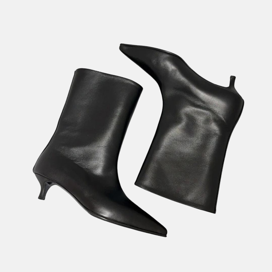 Vegan-Leather Mid-Calf Slip-On Boots with Pointed Toe and Kitten Heel