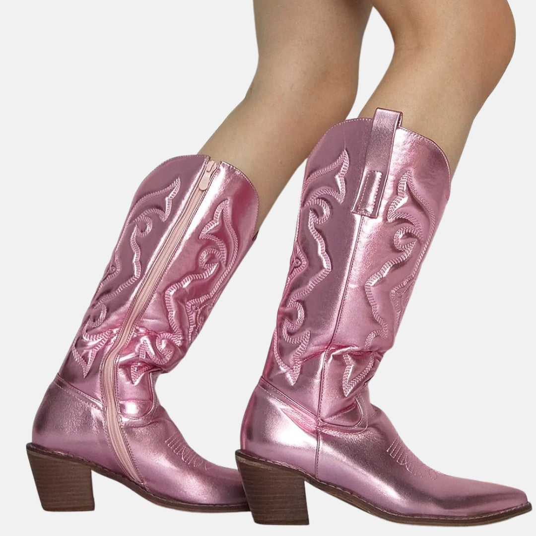 Metallic Finish Embroidered Mid-Calf Western Cowboy Boots