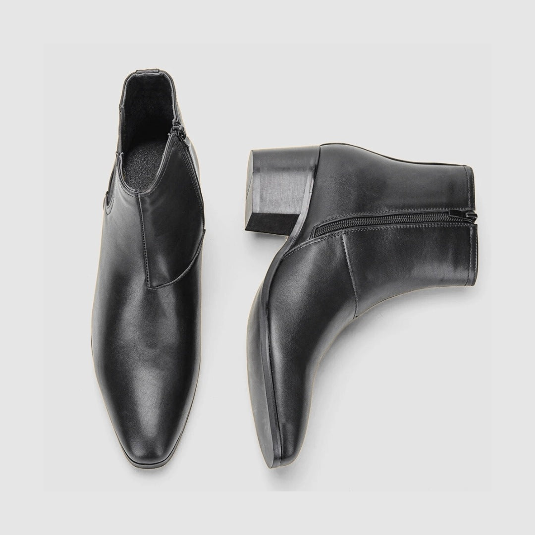 Black Block Heel Chelsea Ankle Boots with Side Zip Closure and Almond-Toe