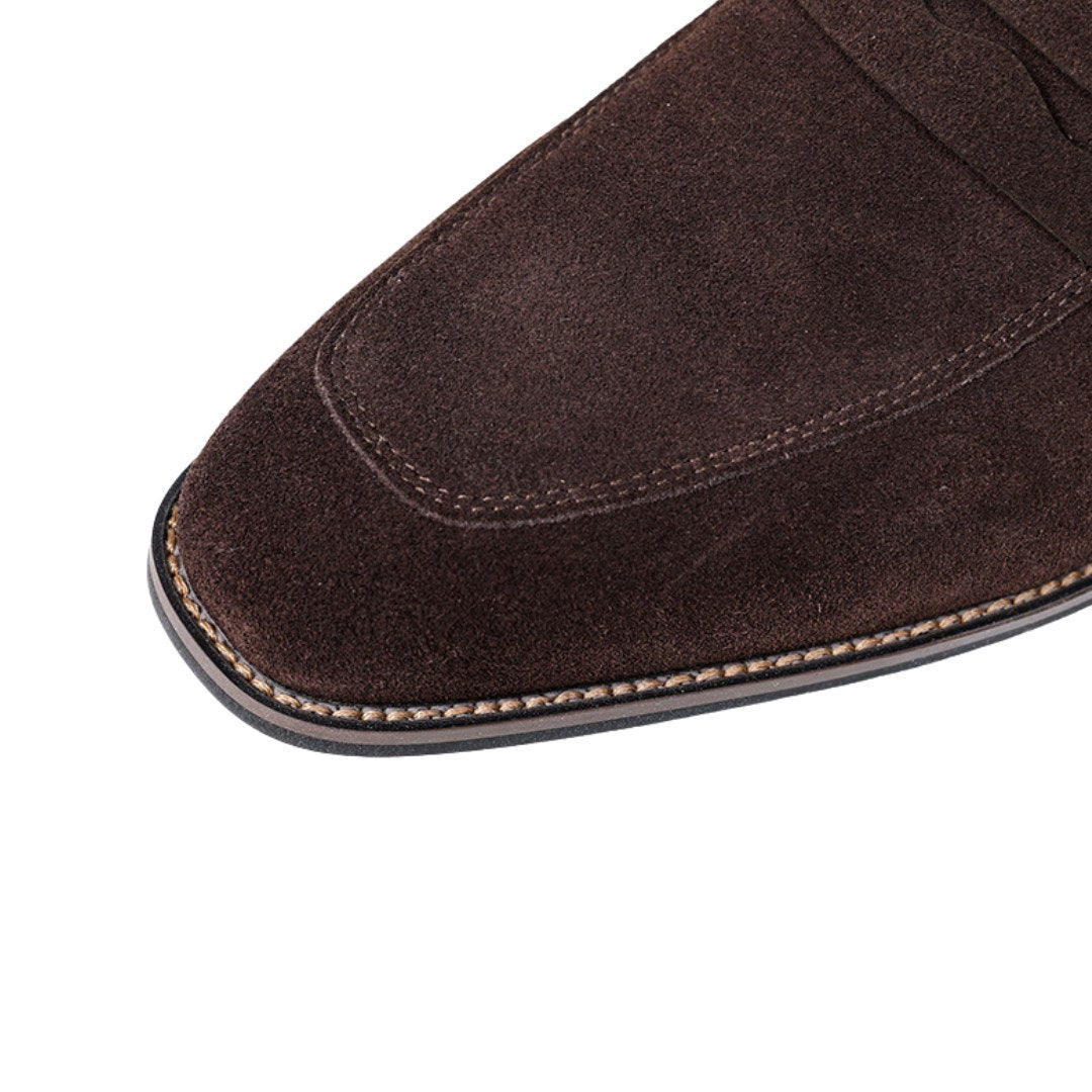 Suede Penny Business Loafers with Low Block Heel