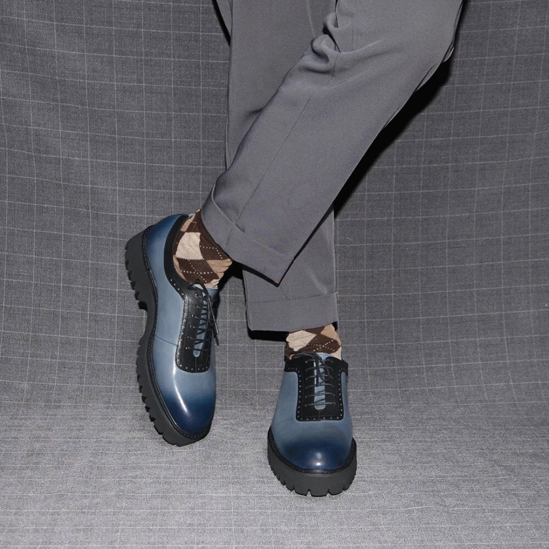 Black Blue Gradient Leather Oxford Dress Shoes with Elevated Heel