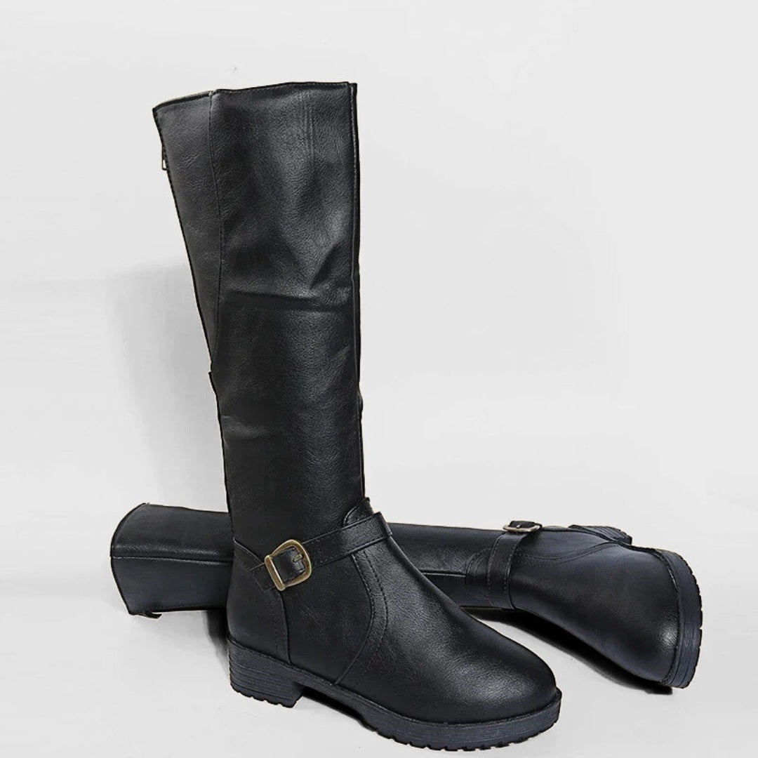 Riding Vegan-Leather Mid-Calf Zip Boots with Square Heel and Buckle Detail