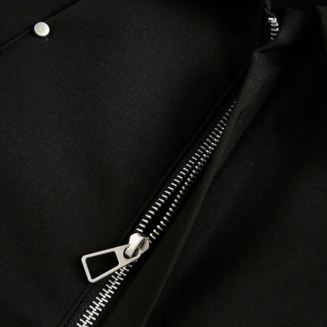 Black Spliced Jacket With Lapel Collar and Zip-Up Closure