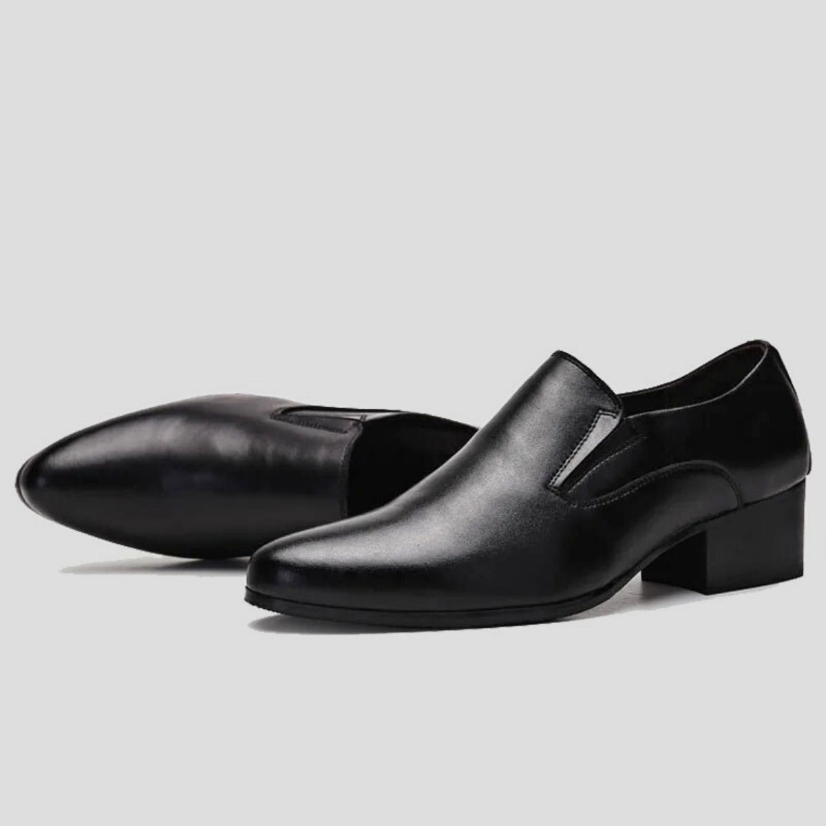 Black Polished-Leather Dress Shoes With Elevated Heel