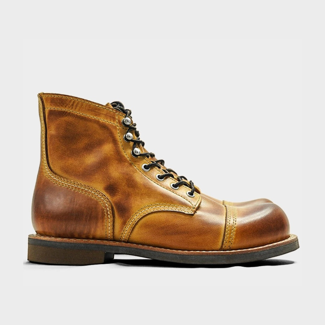 Leather Moc Toe Boots with Goodyear Welt and Rubber Sole