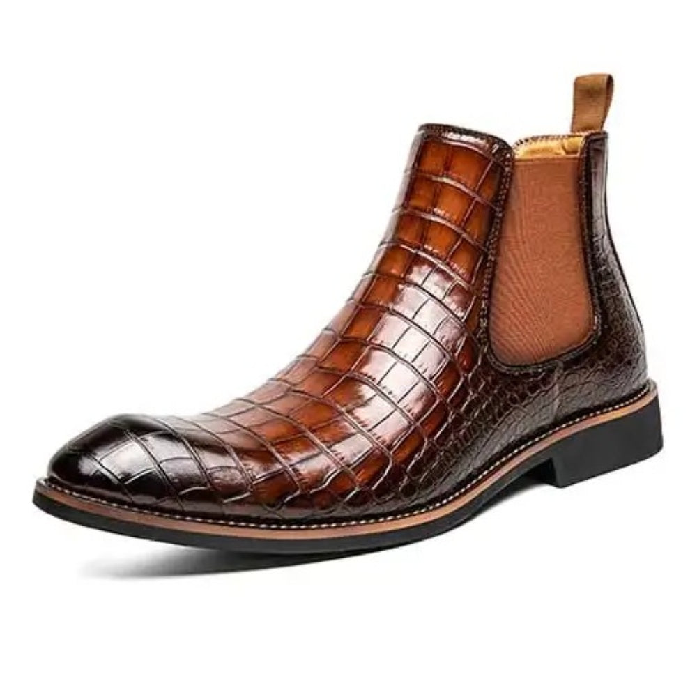 Point-Toe Crocodile-Pattern Leather Chelsea Boots