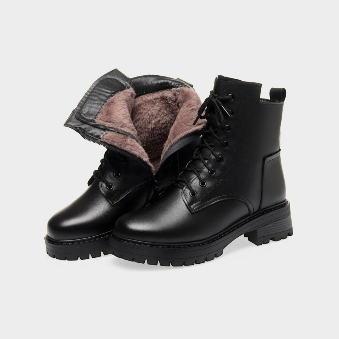 Leather Lace-Up Combat Low Heel boots with Warm Faux Fur Lining