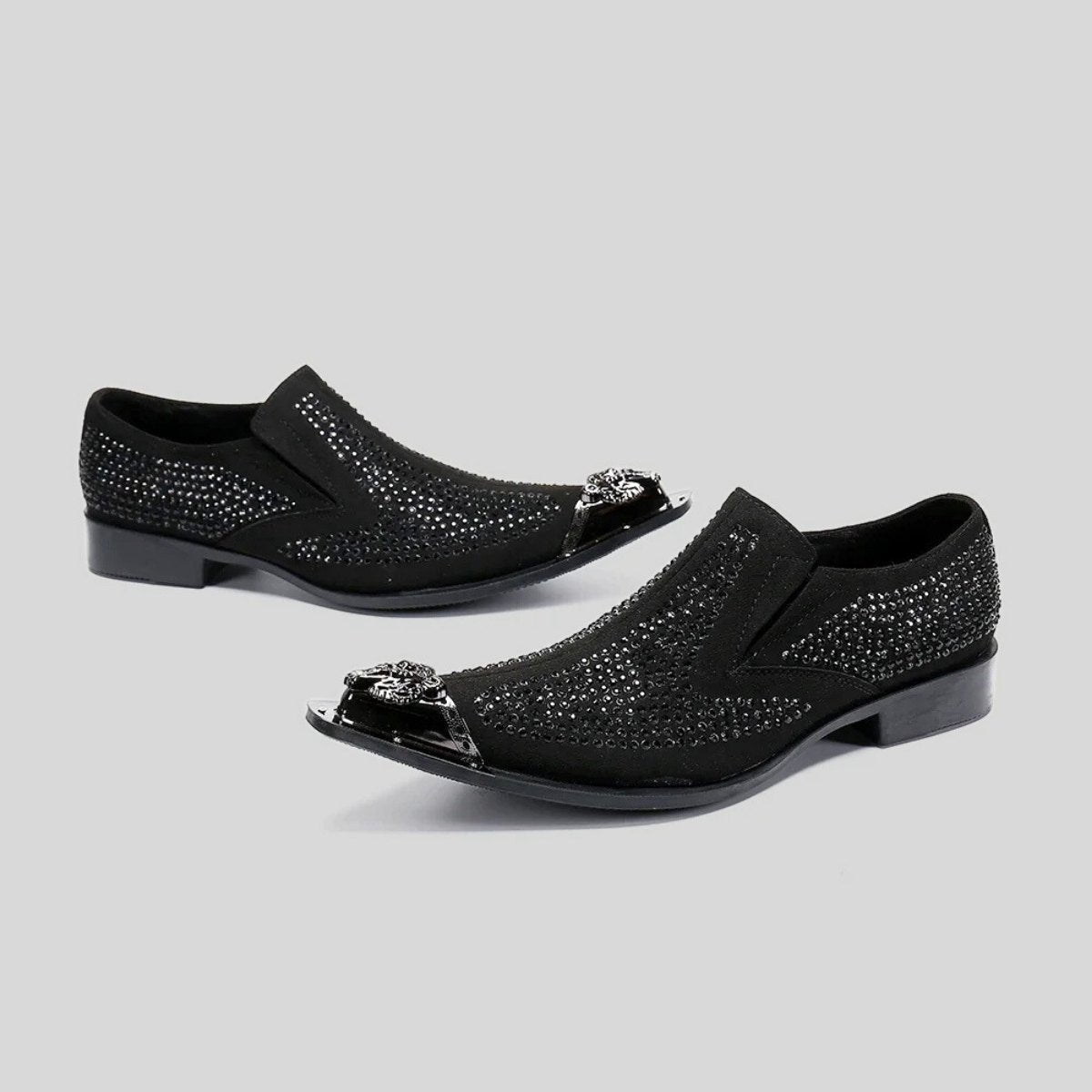 Rhinestone Slip-On Loafers with Metal Crest Toe