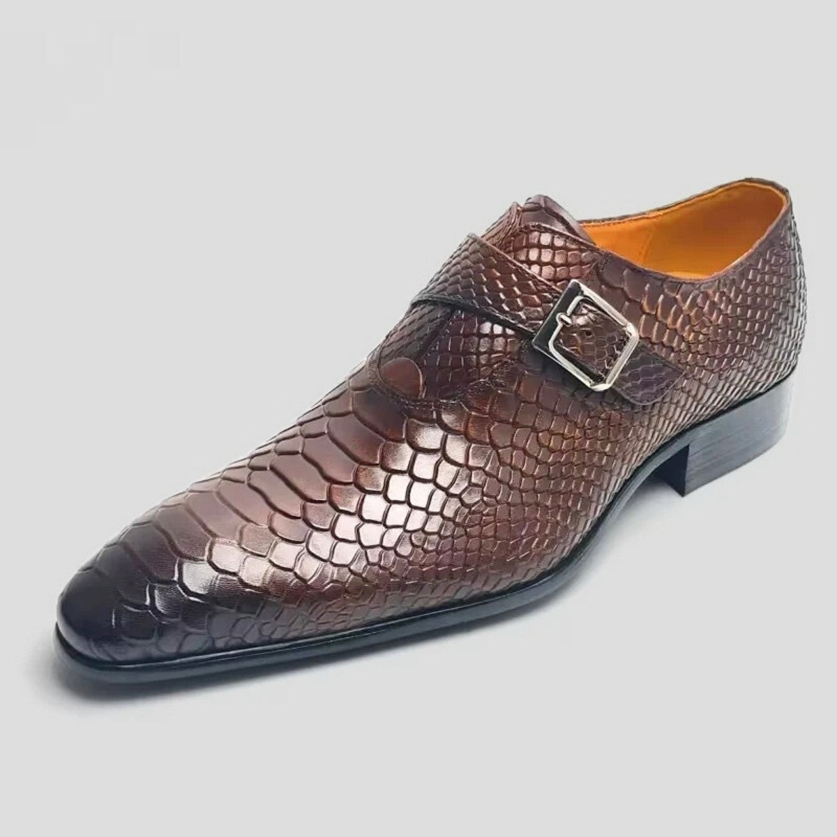 Brown Snake-Pattern Monk Strap Dress Shoes