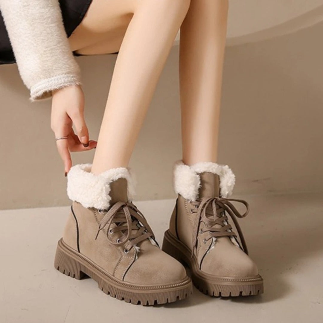 Suede Lace-Up Ankle Snow Boots with Faux-Shearling Lining and Chunky Sole