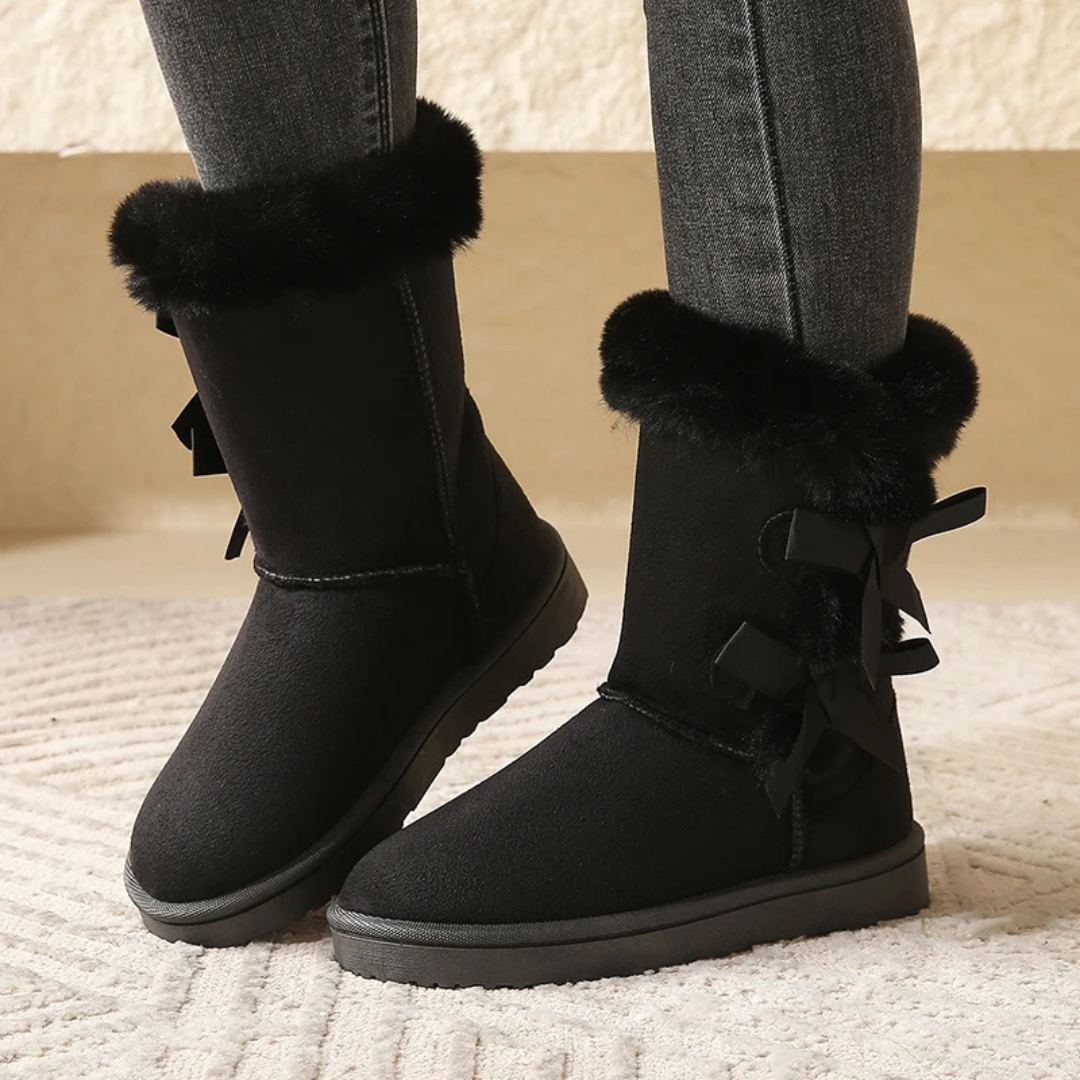 Mid-Calf Slip-On Winter Platform Boots With Side Bow Details and Plush Lining