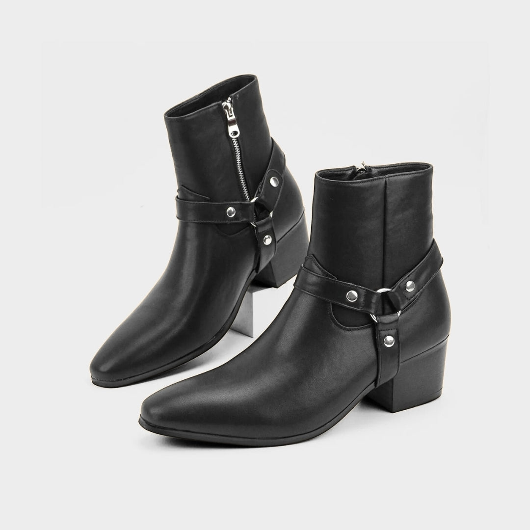 Western Harness Ankle Boots with Mid Heel Block and Almond Toe