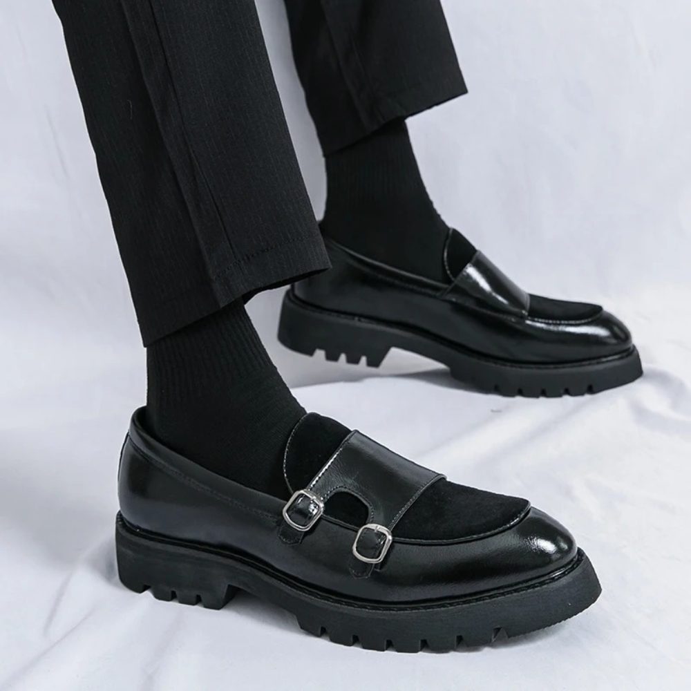 Glossy Suede Strap Chunk Sole Loafers