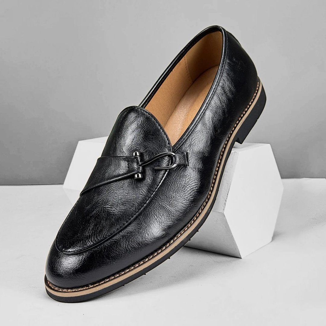 Leather Dress Loafers with Decorative Hook Closure