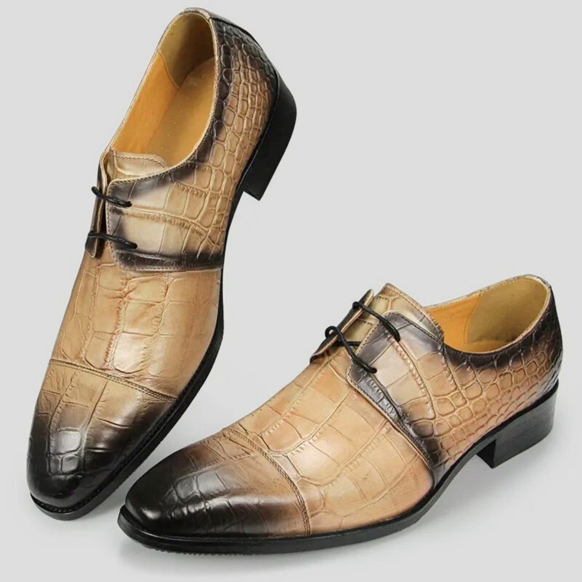 Khaki Crocodile-Embossed Leather Oxford Shoes