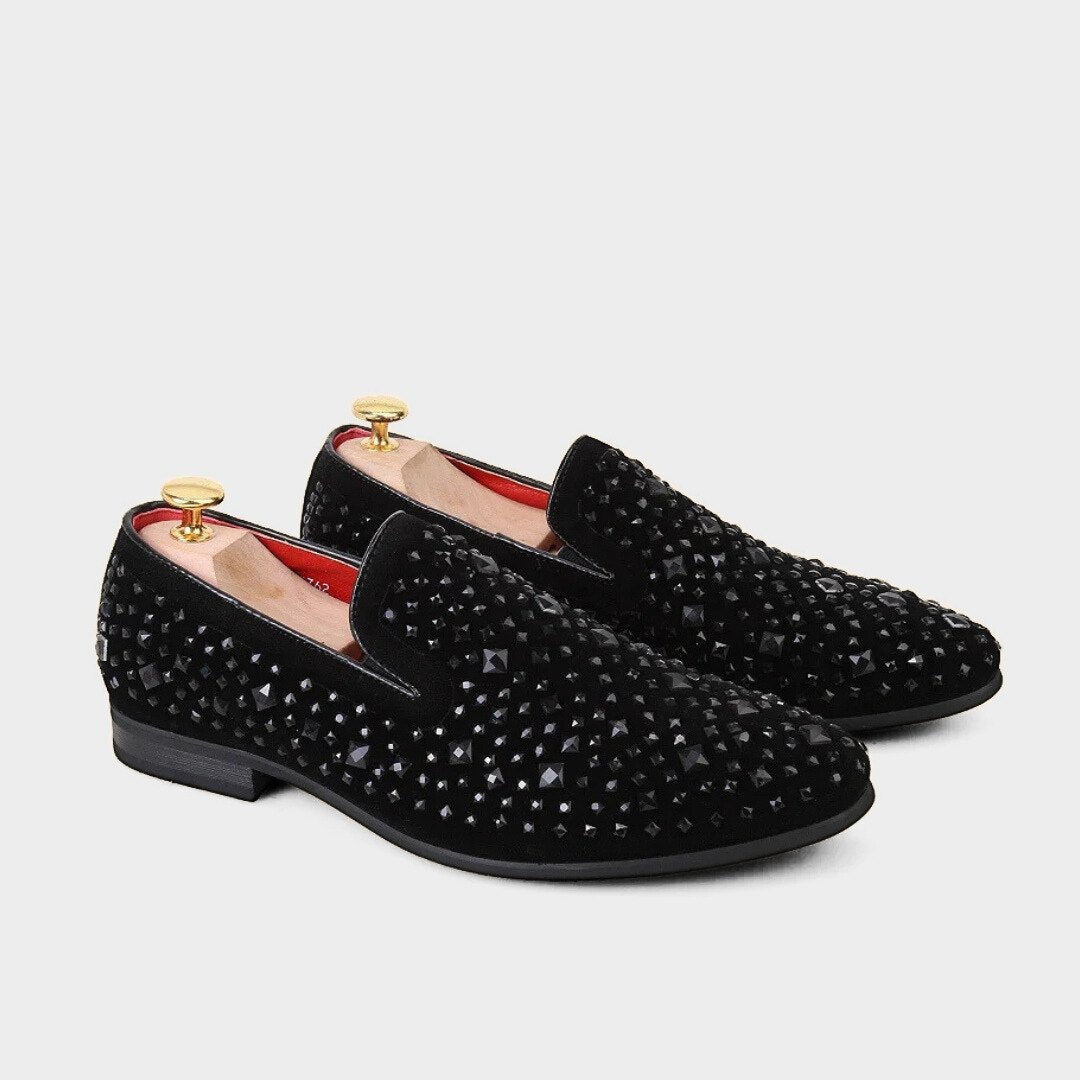 Black Suede Studded Slip-On Dress Loafers