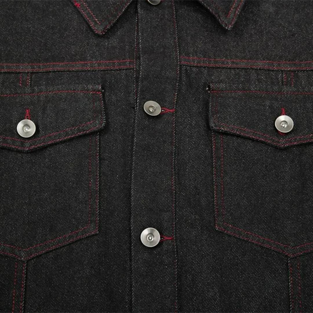 Black Denim Jacket With Lapel Collar and Red Stitching