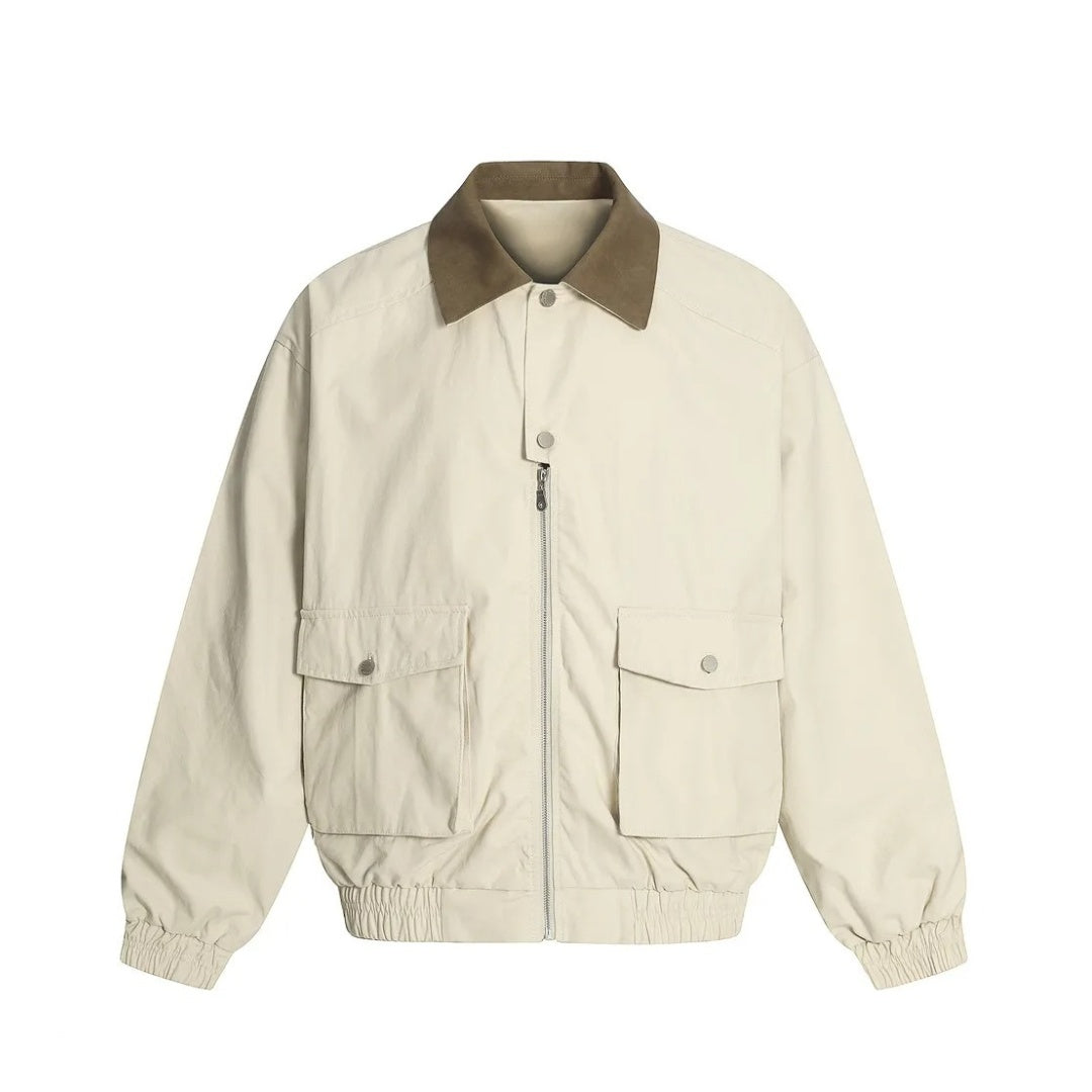 Pocket Panel Cargo Zip Jacket with Suede Collar
