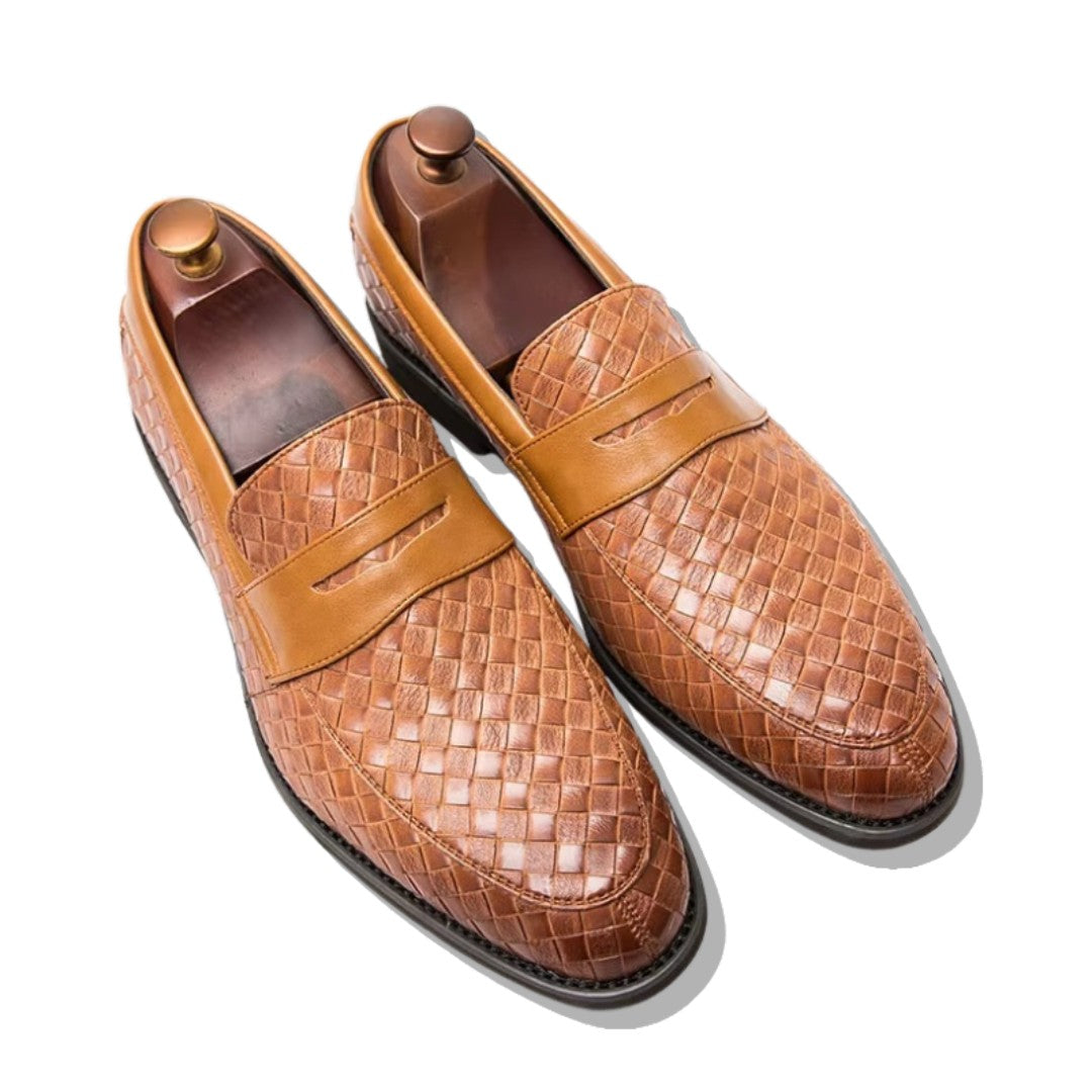 Checkered Weave Leather Casual Business Penny Loafers