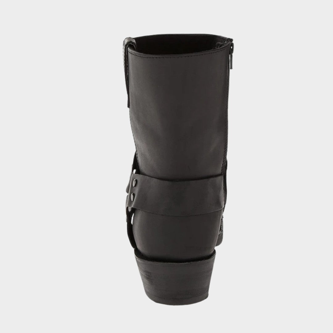Mid-Calf Square Toe Cowboy Harness Boots with Zip Closure and Low Block Heel