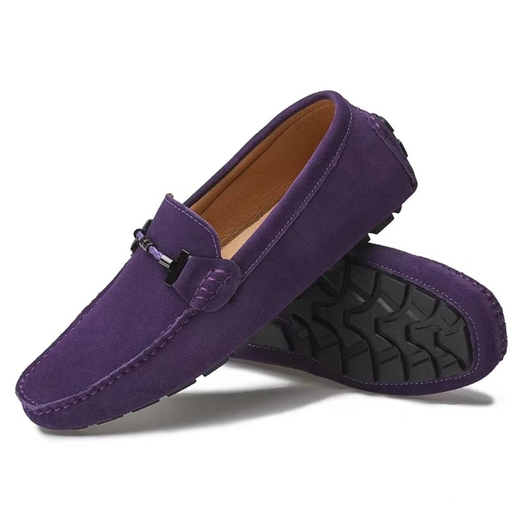 Colour-Suede Driving Loafers with Metal Buckle and Grip Sole