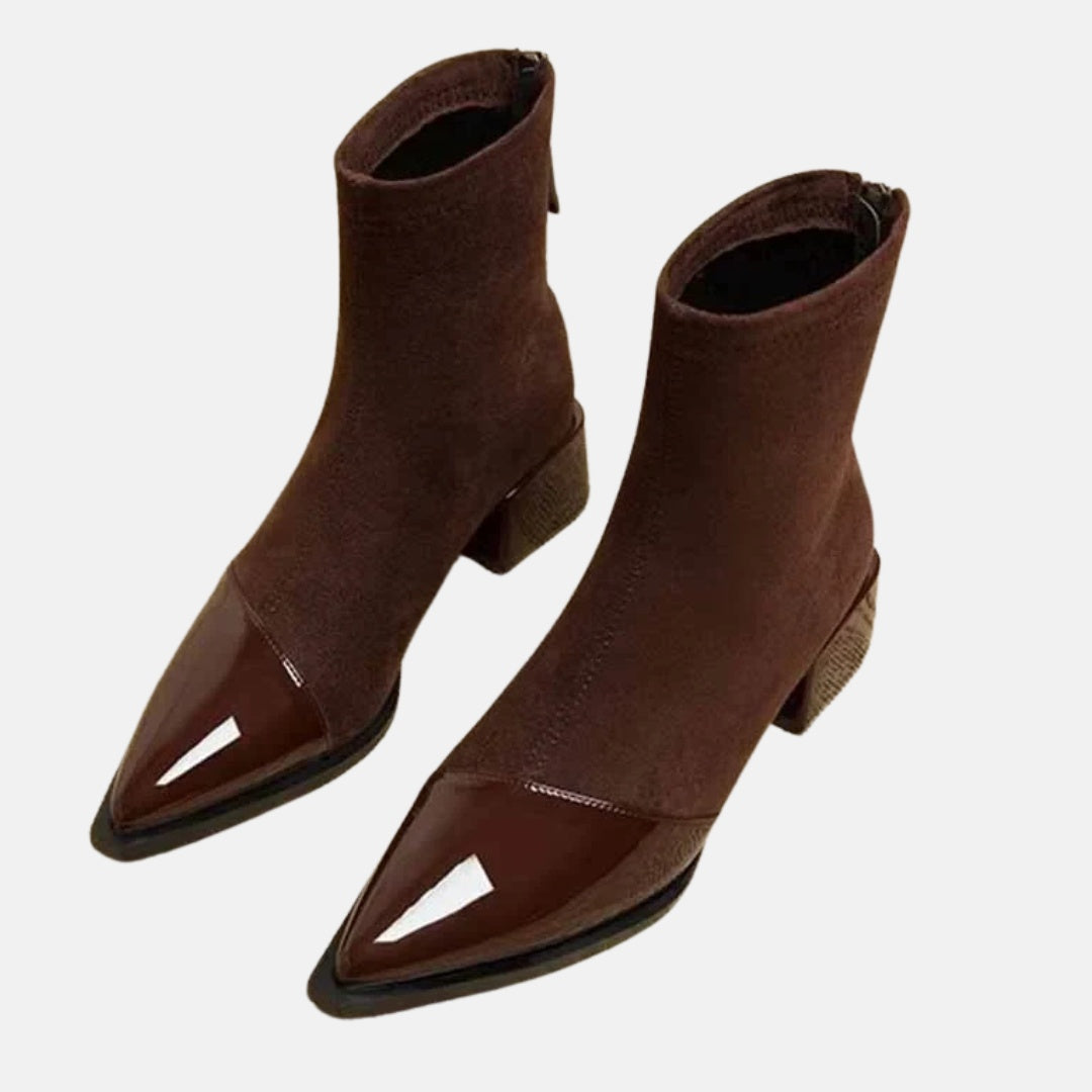 Suede Sock Ankle Boots with Mid Block Heel and Pointed Gloss Toe