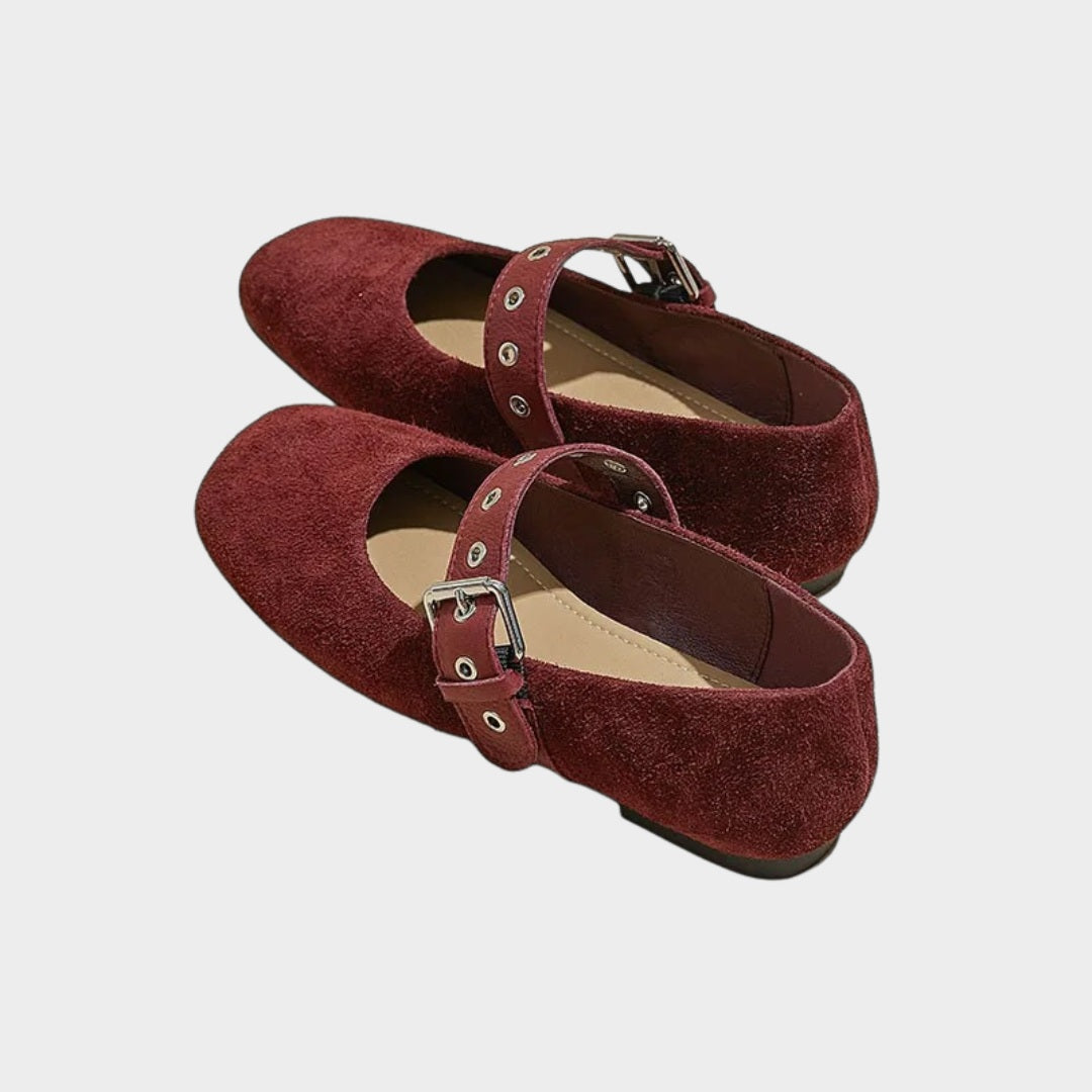 Textured Suede Mary Jane Flats with Leather Buckle Strap