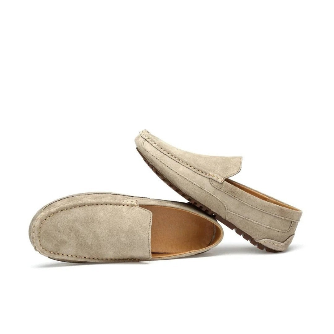 Cow Suede Driving Loafers with Cushioned Grip Sole and Contrast Stitching