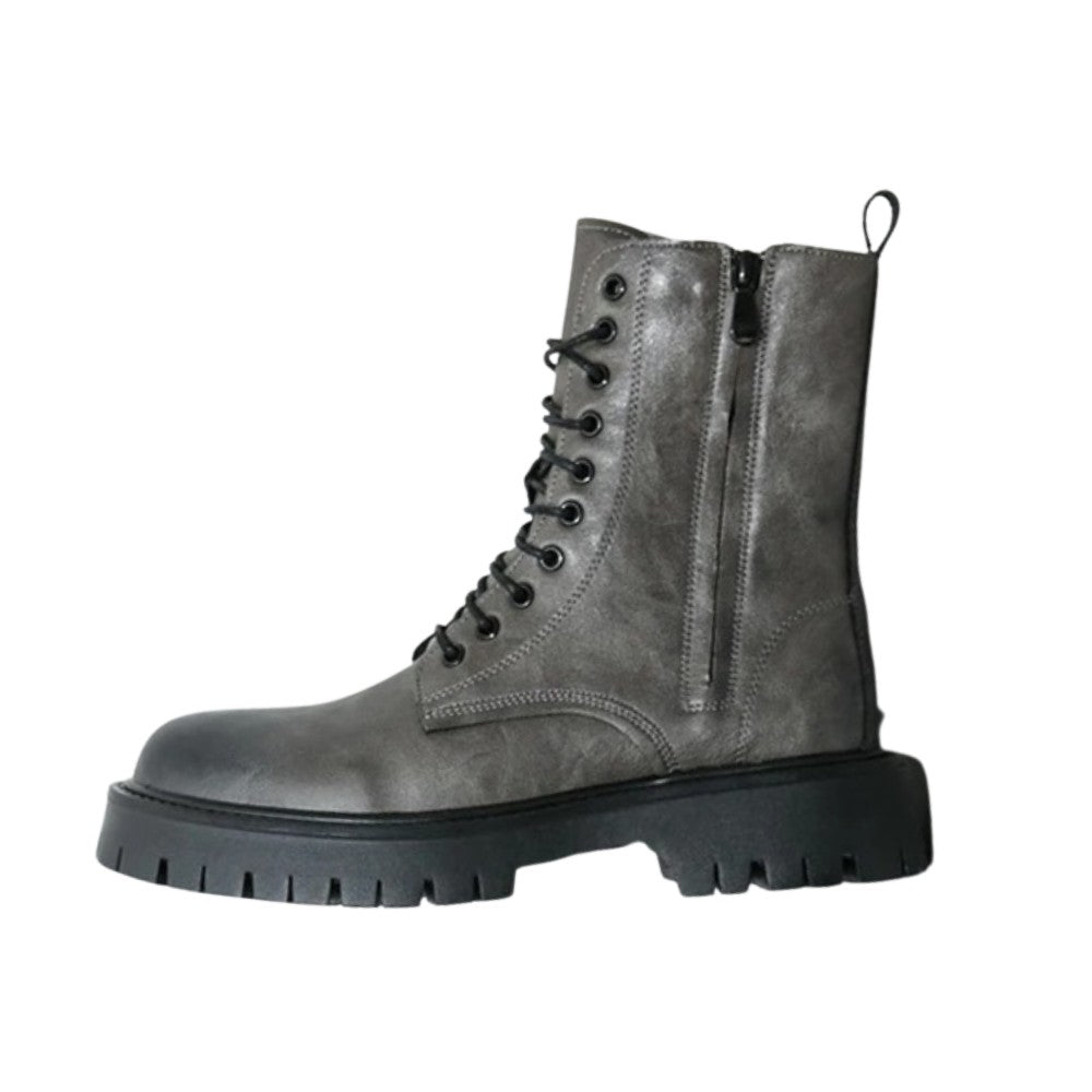 Leather Lace-Up Ankle Boots with Side Zipper and Platform Sole