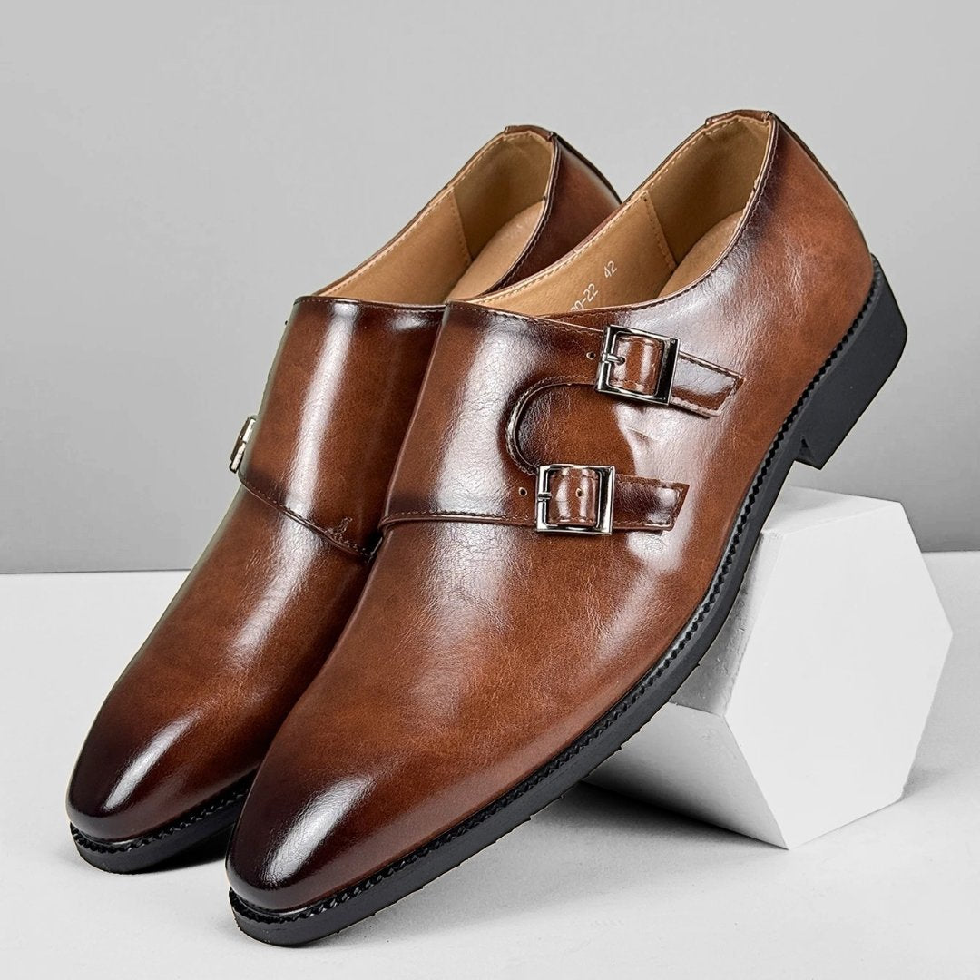 Classic Double Monk Strap Formal Dress Shoes with Cushioned Insole and Low Block Heel