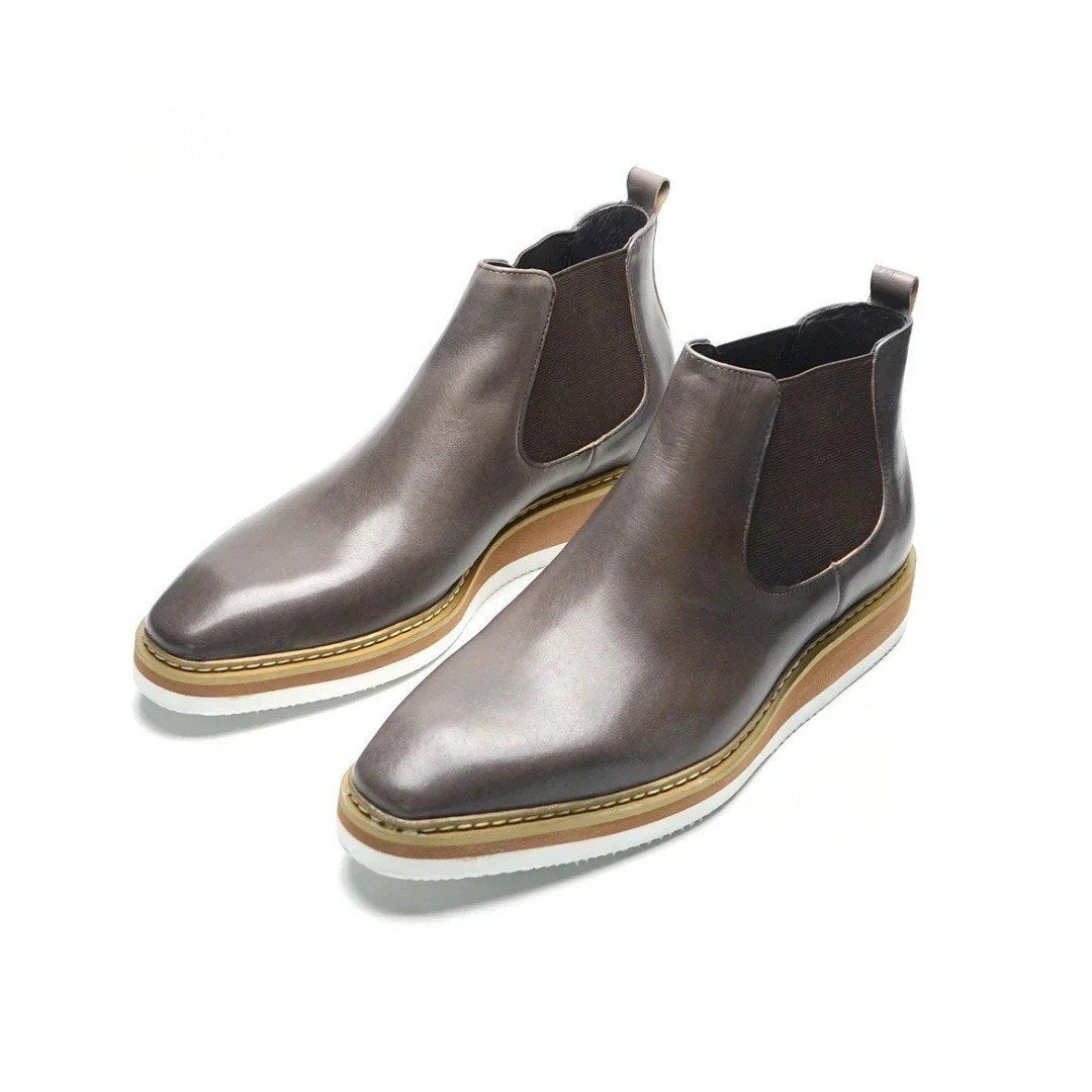 Leather Smart Casual Chelsea Ankle Boots with White Wedge Platform Sole