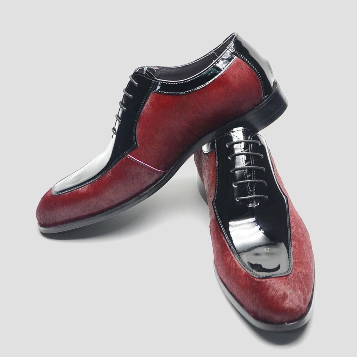 Wine Red Calf Hair Derby Shoes with Patent Leather Trim