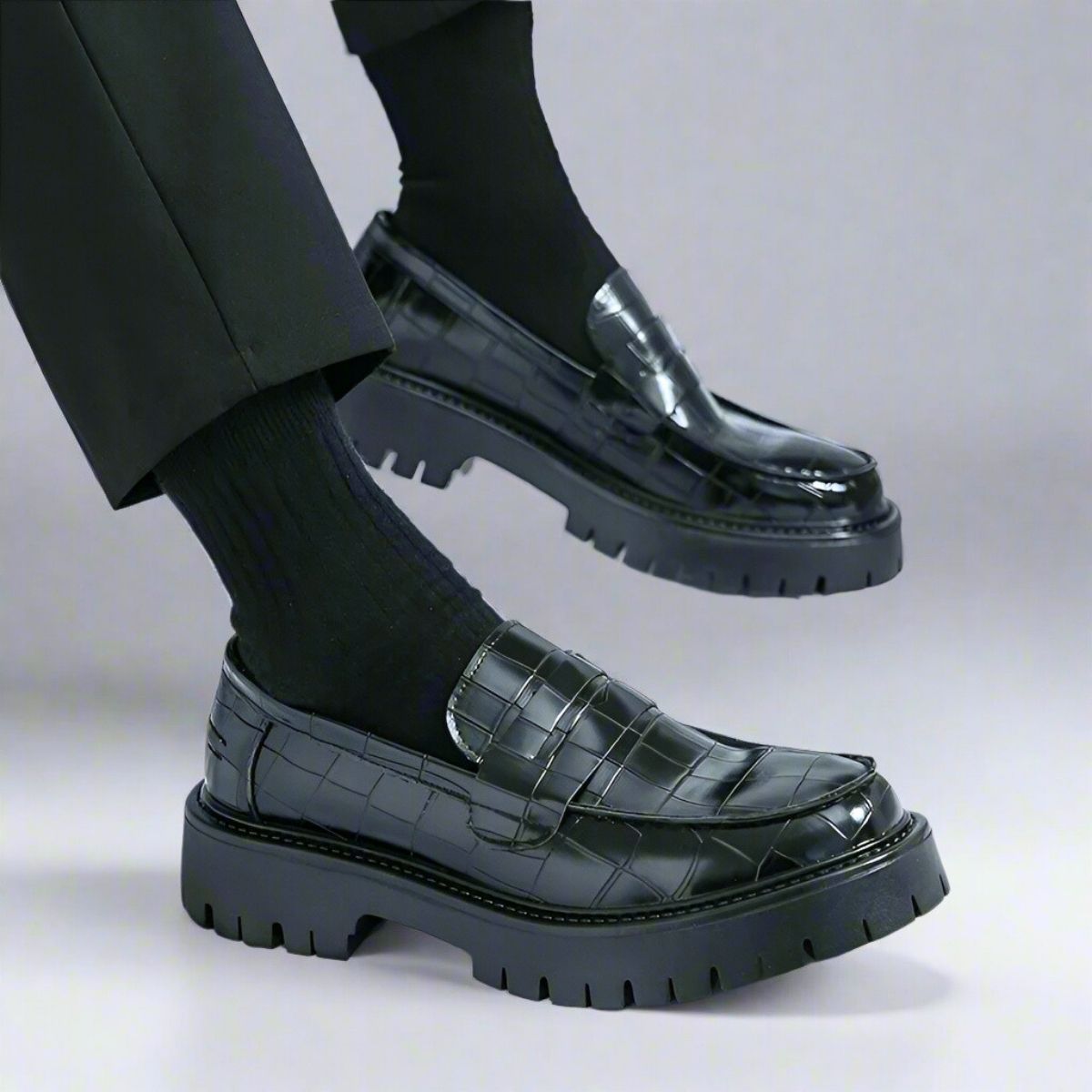 Black Crocodile-Pattern Penny Loafers with Chunky Sole